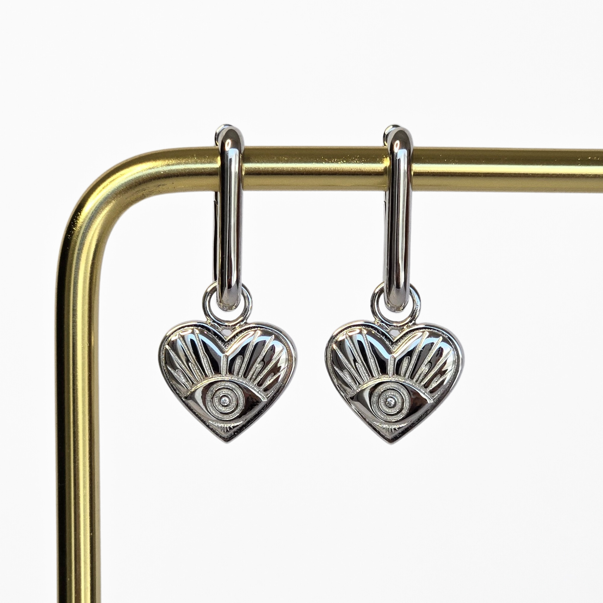 Evil Eye Heart Charm Hoop Earring Silver