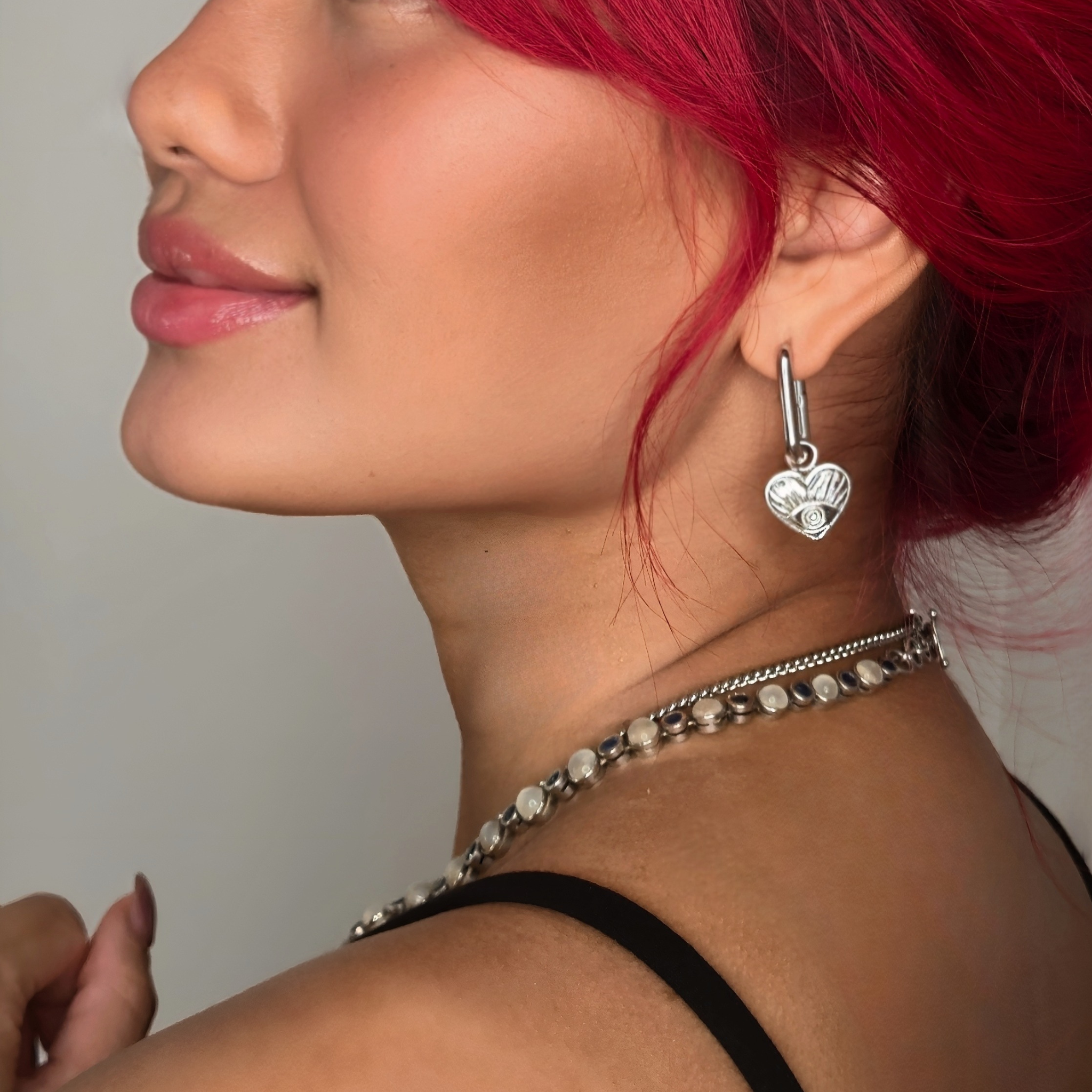 Evil Eye Heart Charm Hoop Earring Silver