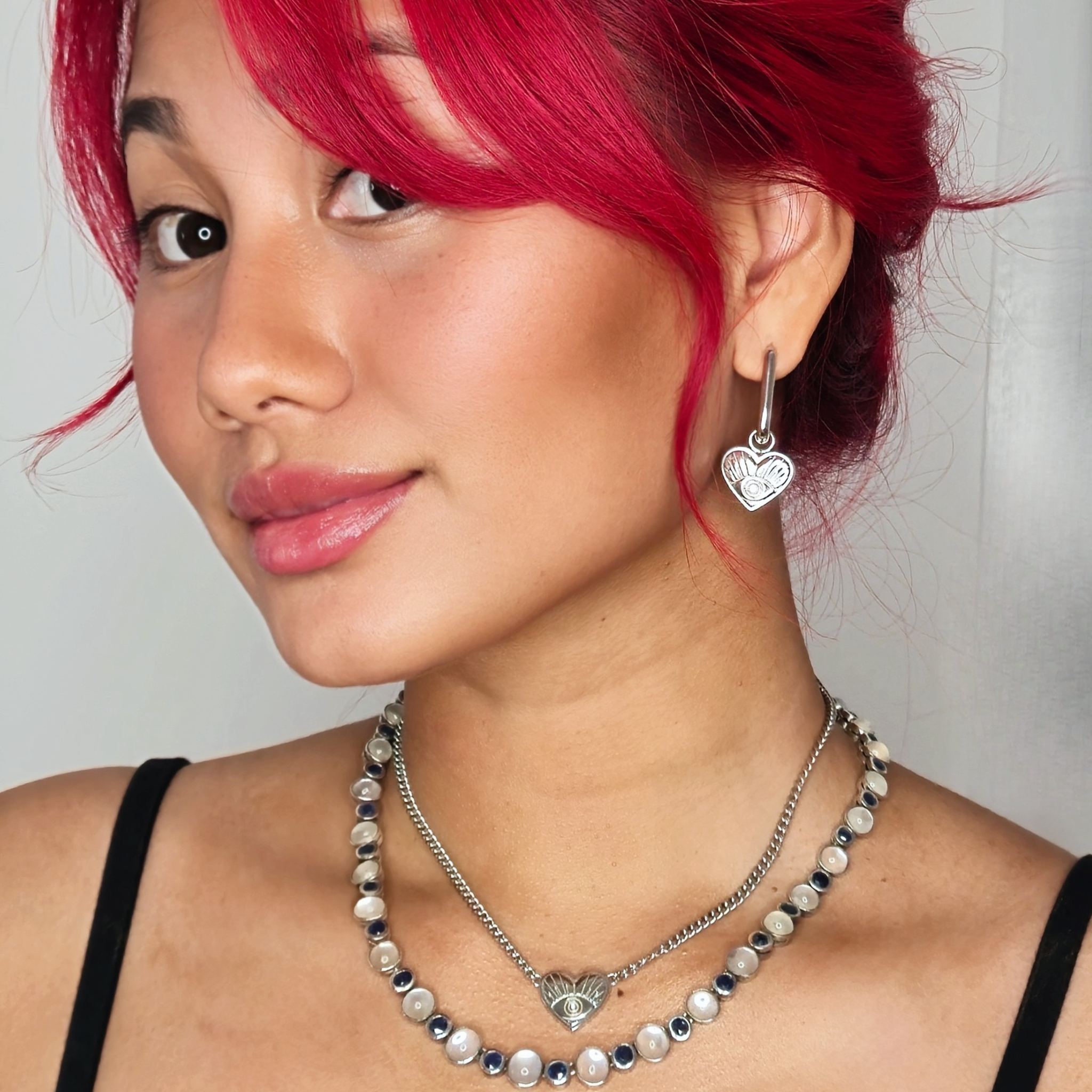 Evil Eye Heart Charm Hoop Earring Silver