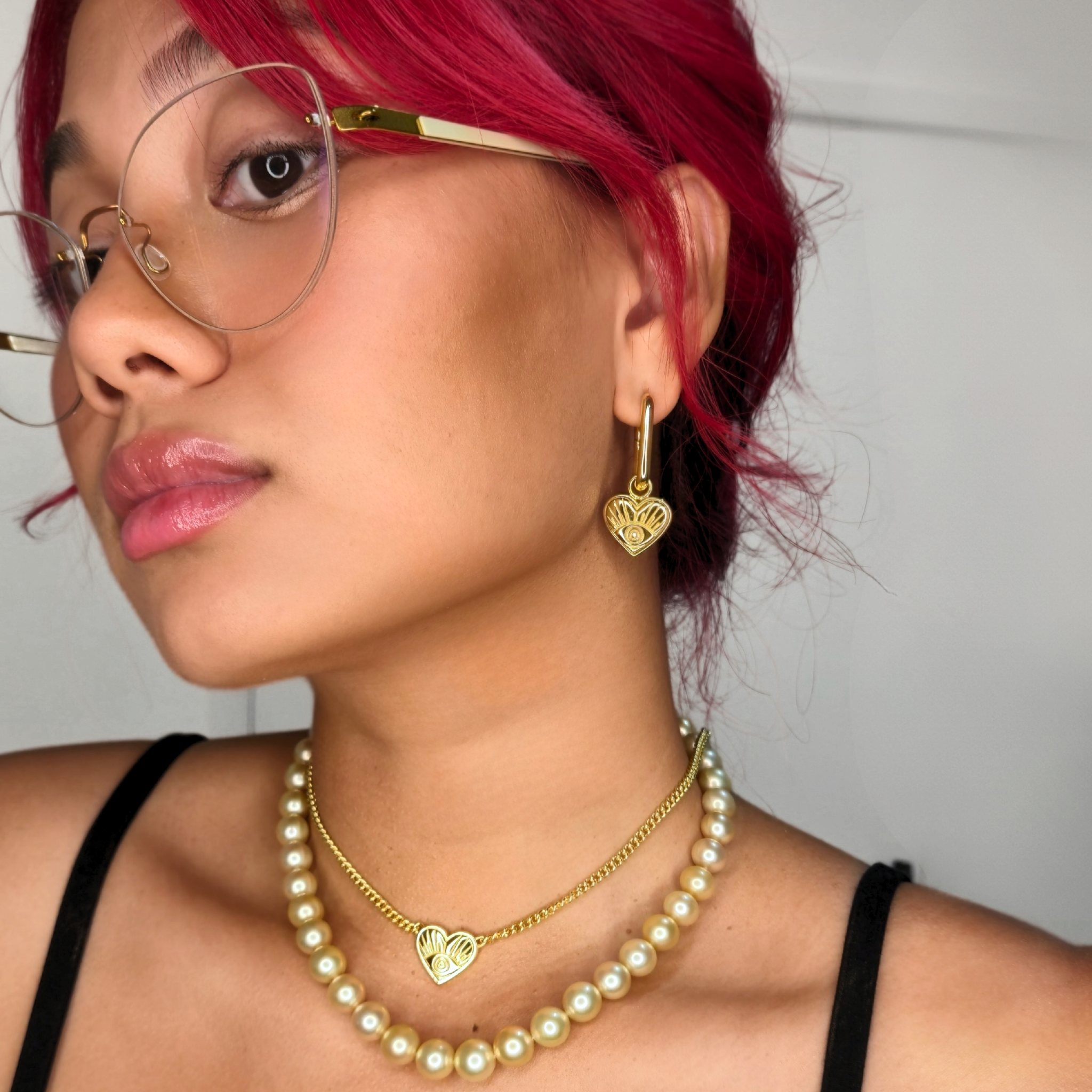 Evil Eye Heart Charm Hoop Earring Gold