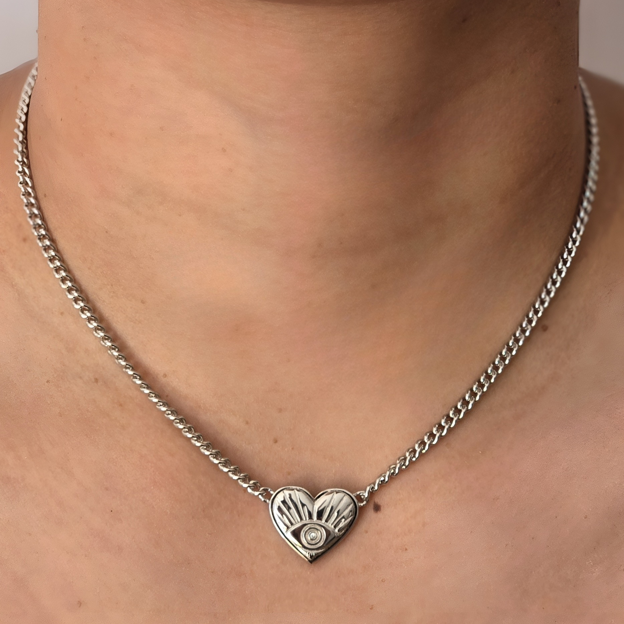 Evil Eye Heart Necklace Silver