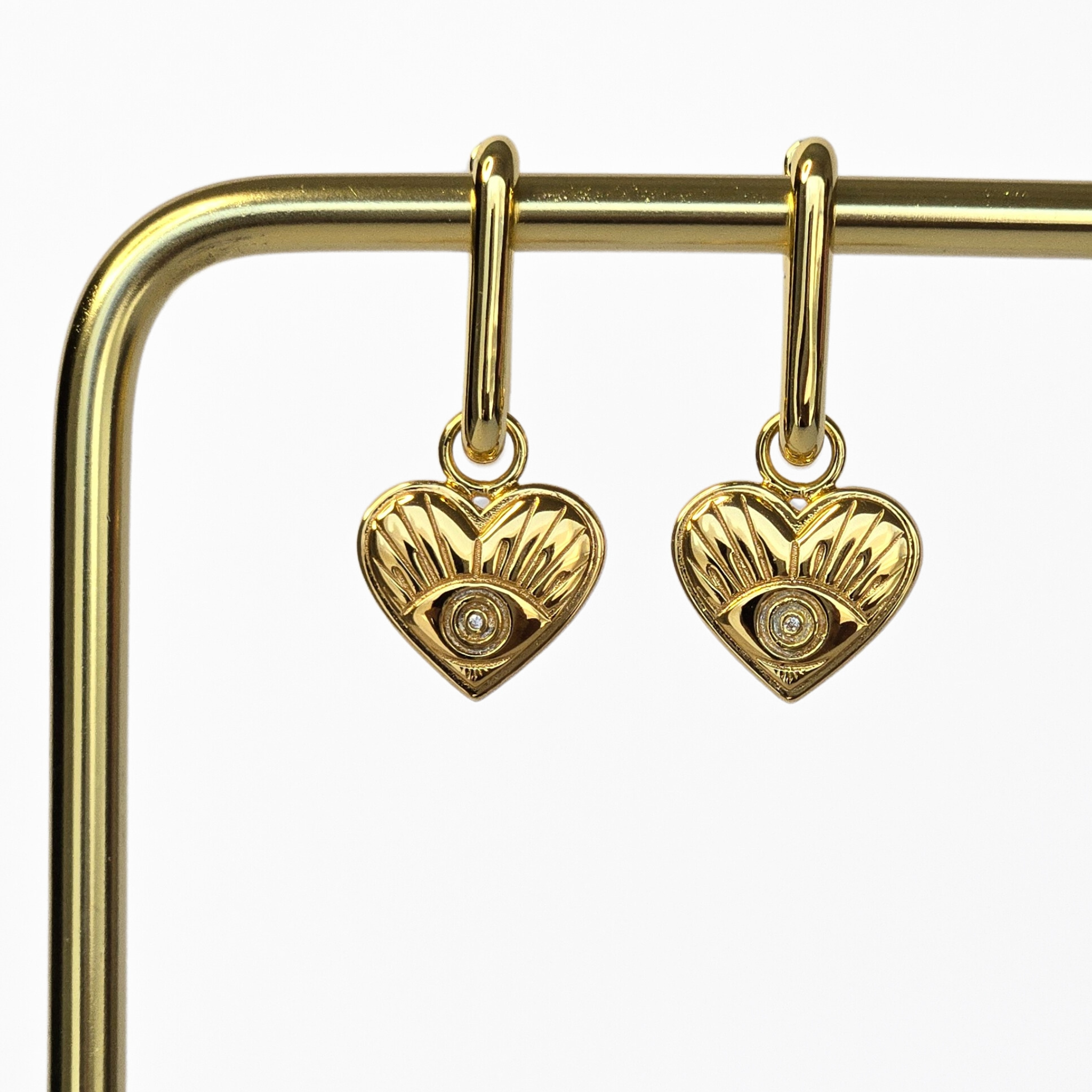 Evil Eye Heart Charm Hoop Earring Gold